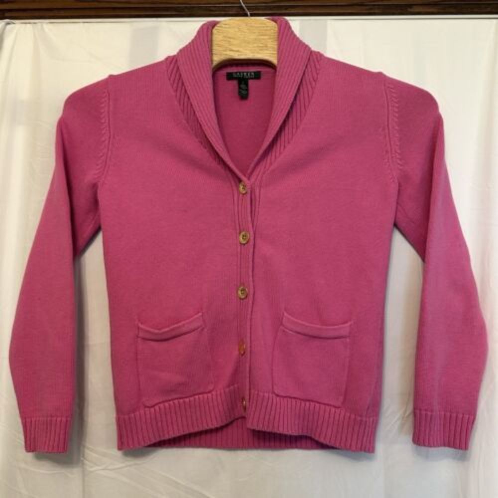 Lauren Ralph Lauren Women Size Large Pink Cardigan Sweater Shawl Gold Buttons